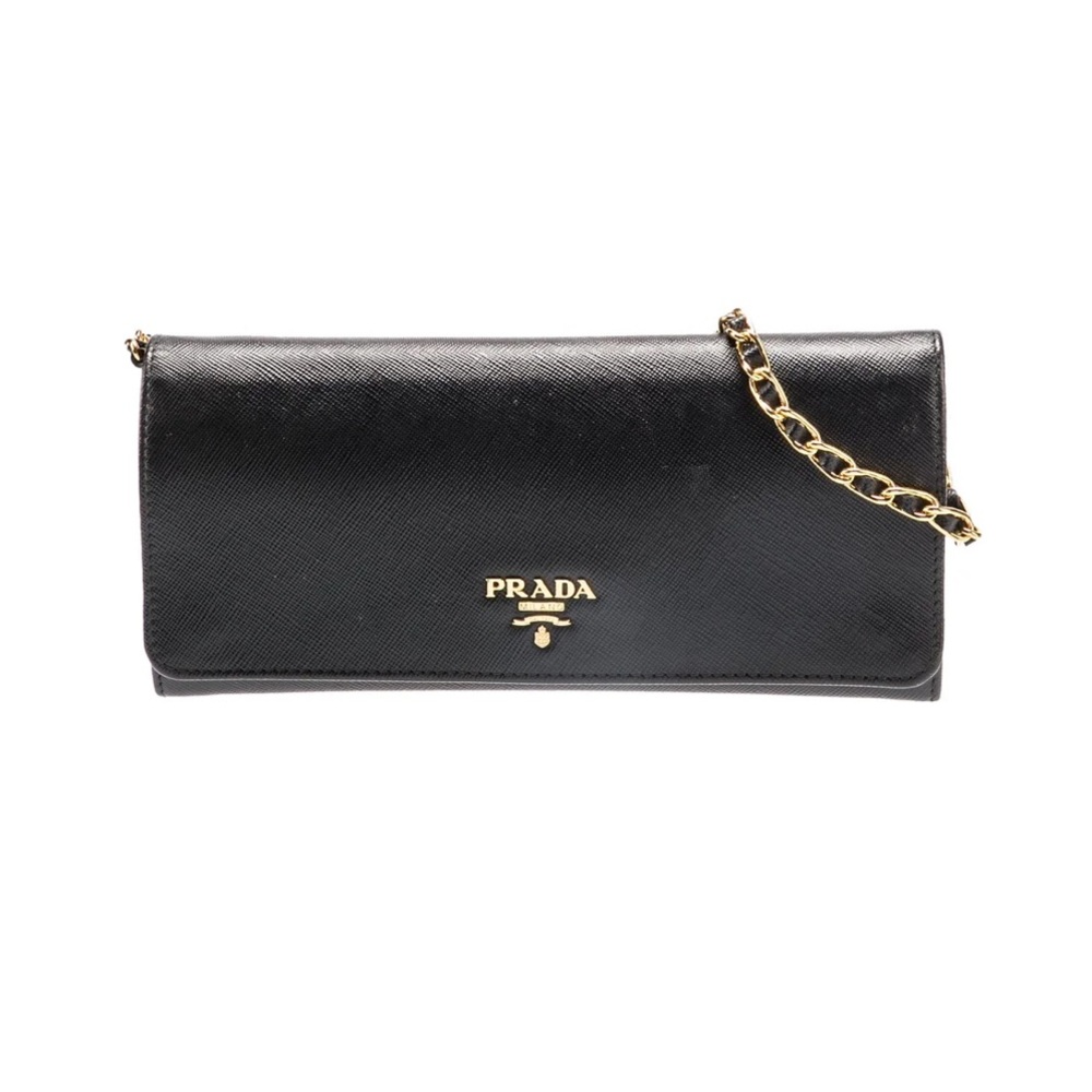 Prada Saffiano Black Leather Wallet on Chain With Box and Authenticity Card